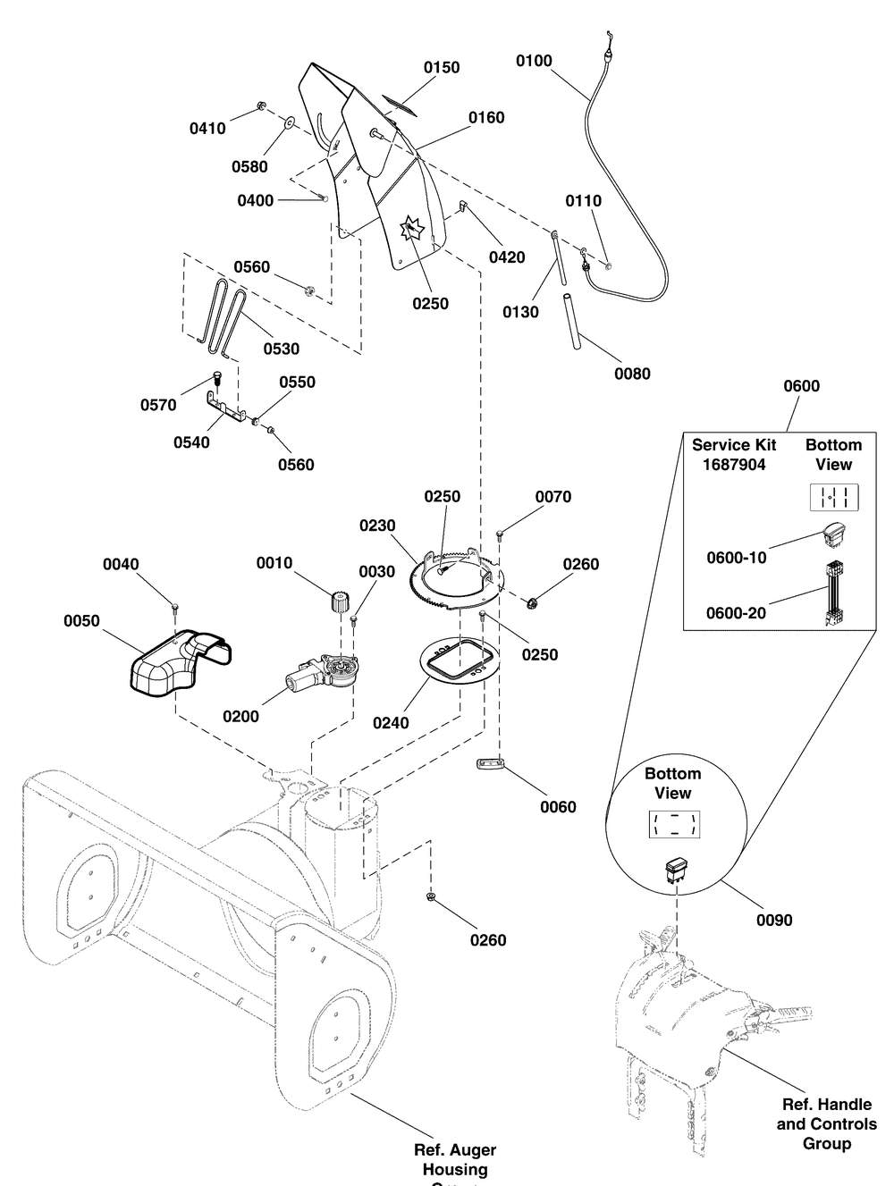 Chute And Rotation Group Diagram and Parts List for 1695861-18-2829-31 2010 Briggs and Stratton Snow Blower